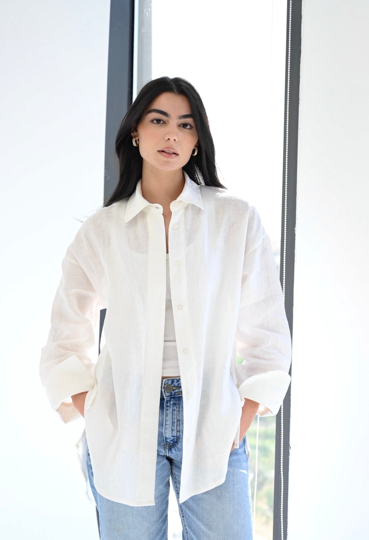 Ribbon linen shirt in off-white