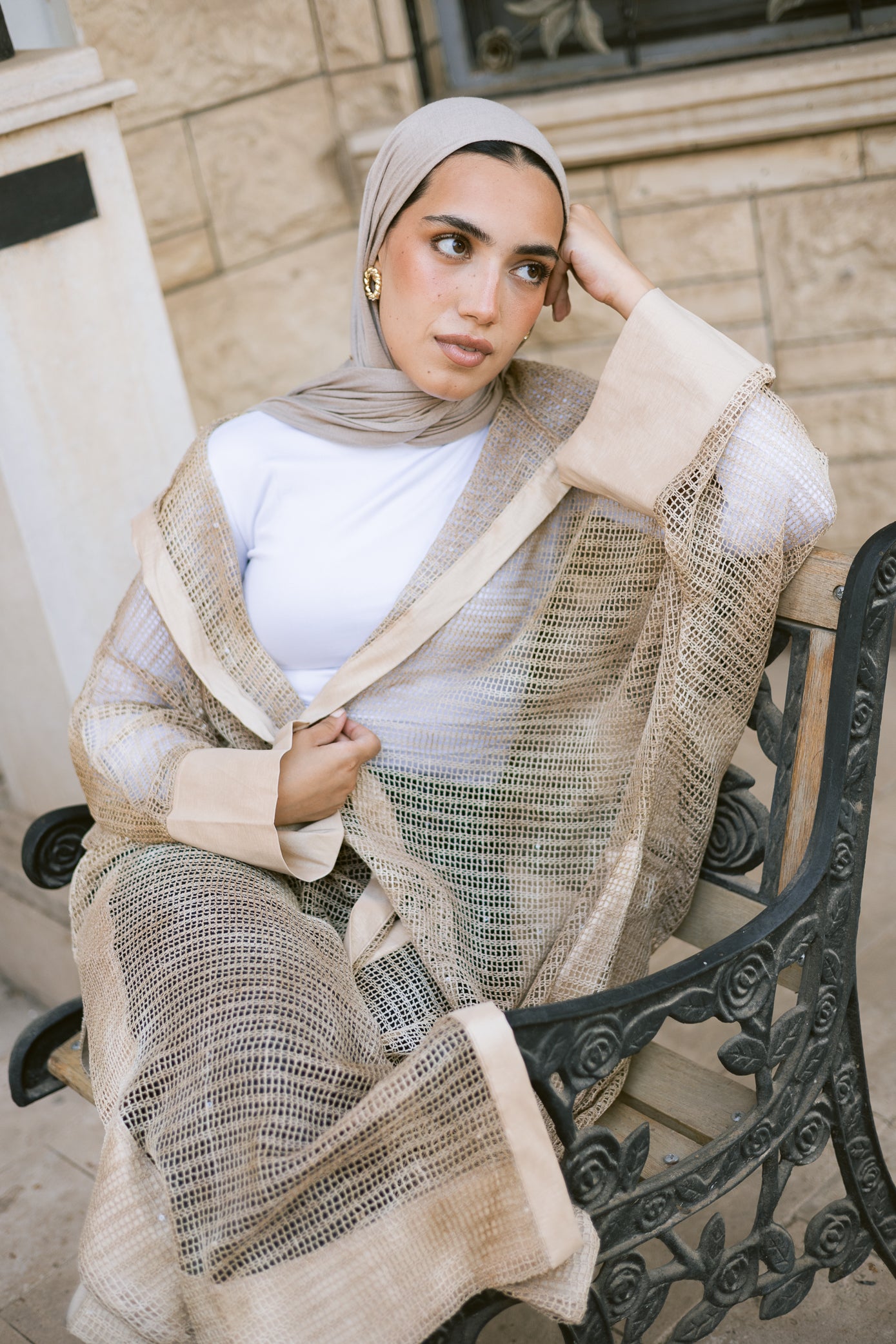 MeshXTaffeta cardigan in beige