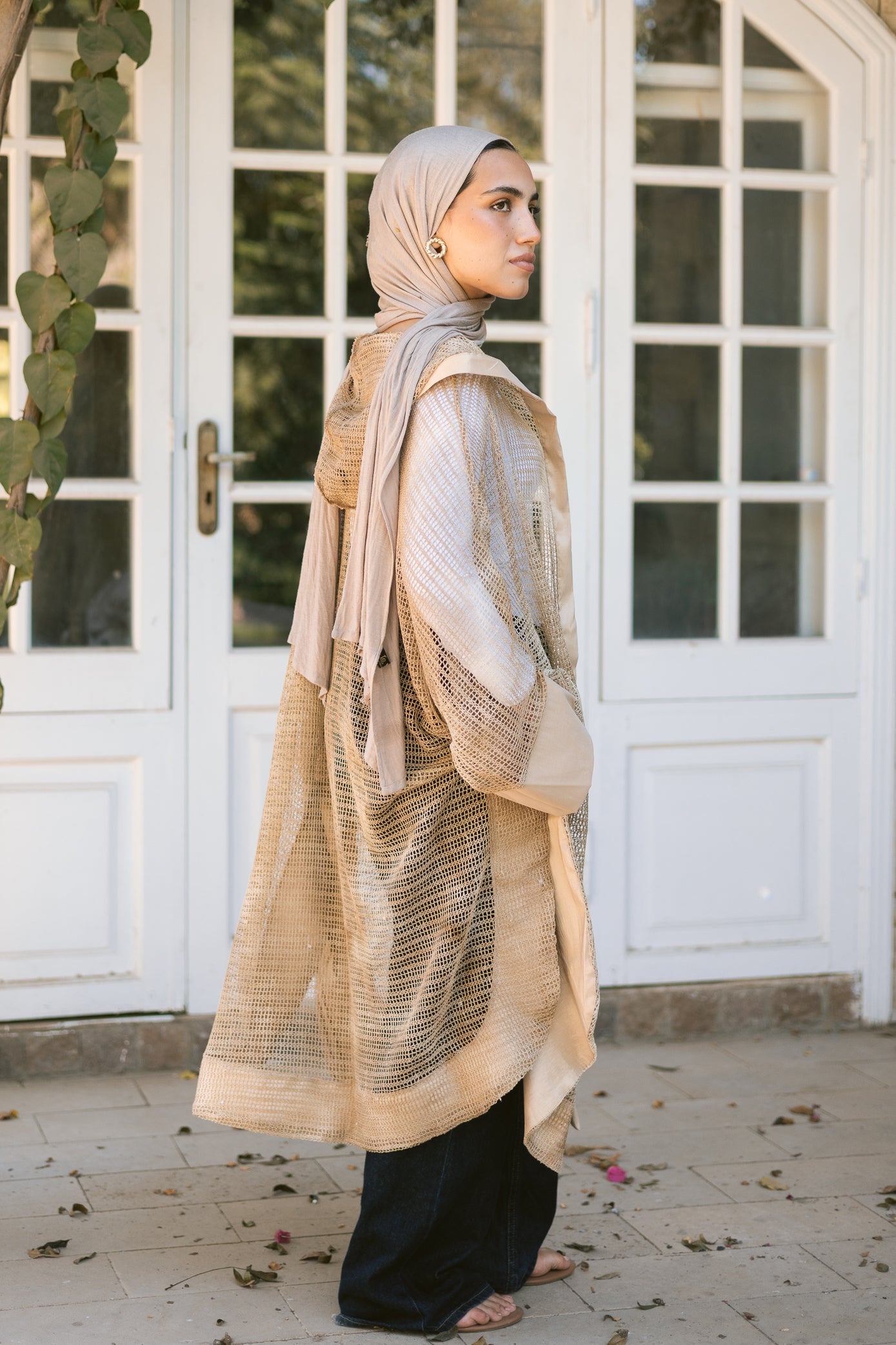 MeshXTaffeta cardigan in beige