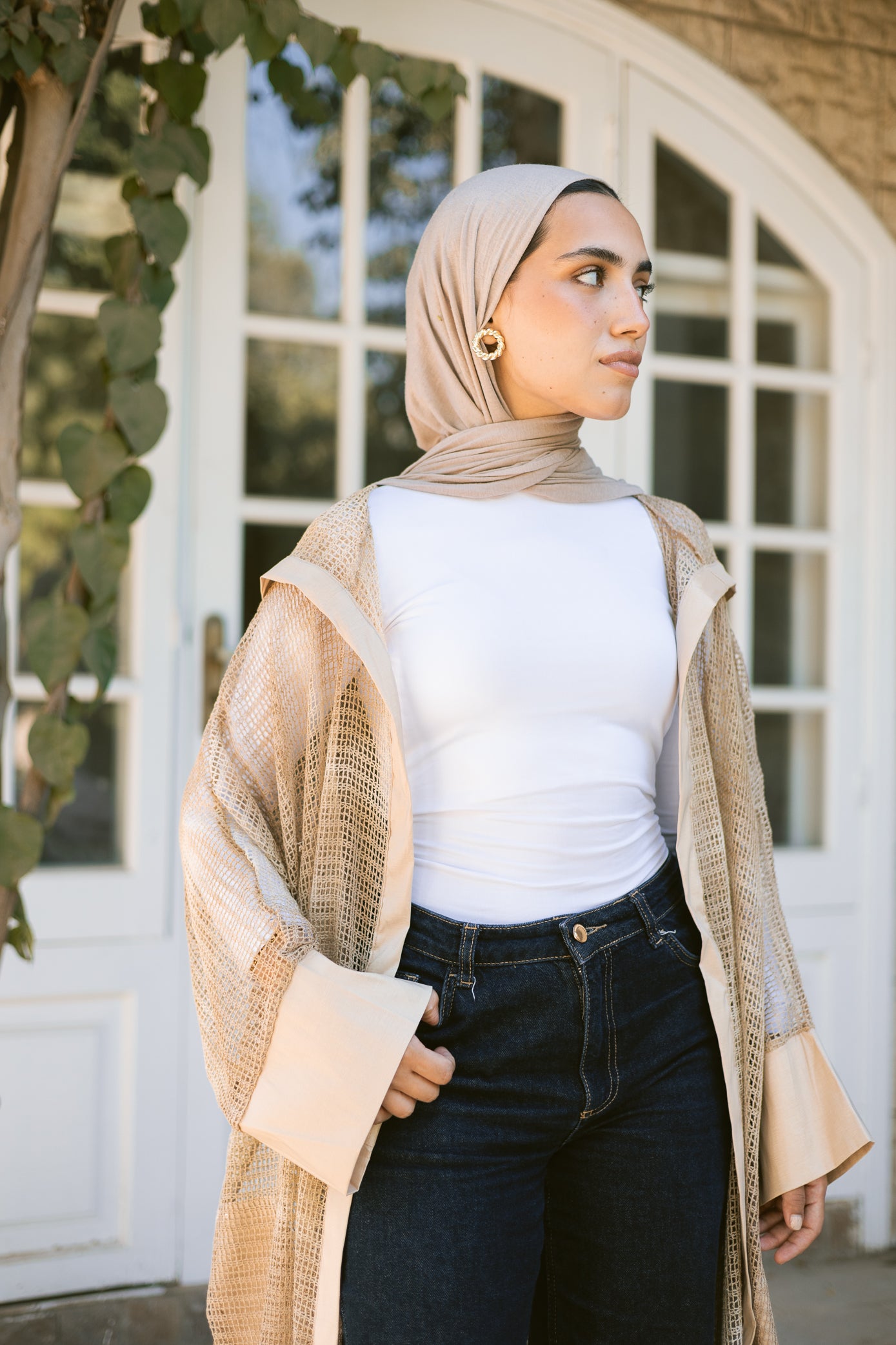 MeshXTaffeta cardigan in beige