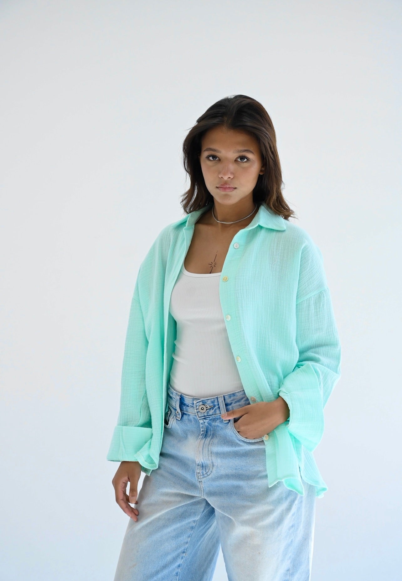Fluffy shirt in aqua-blue