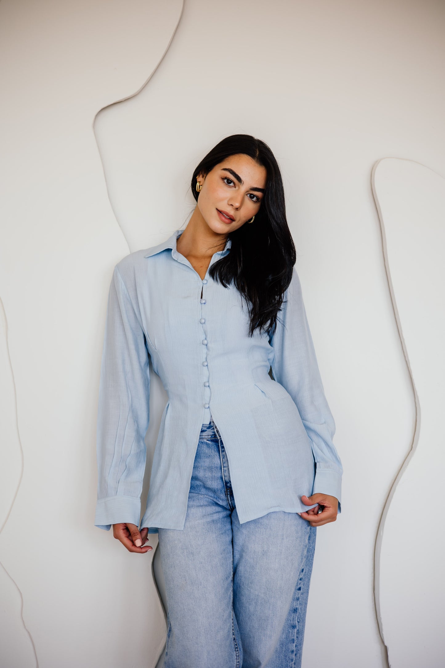 Corset draped shirt in light blue