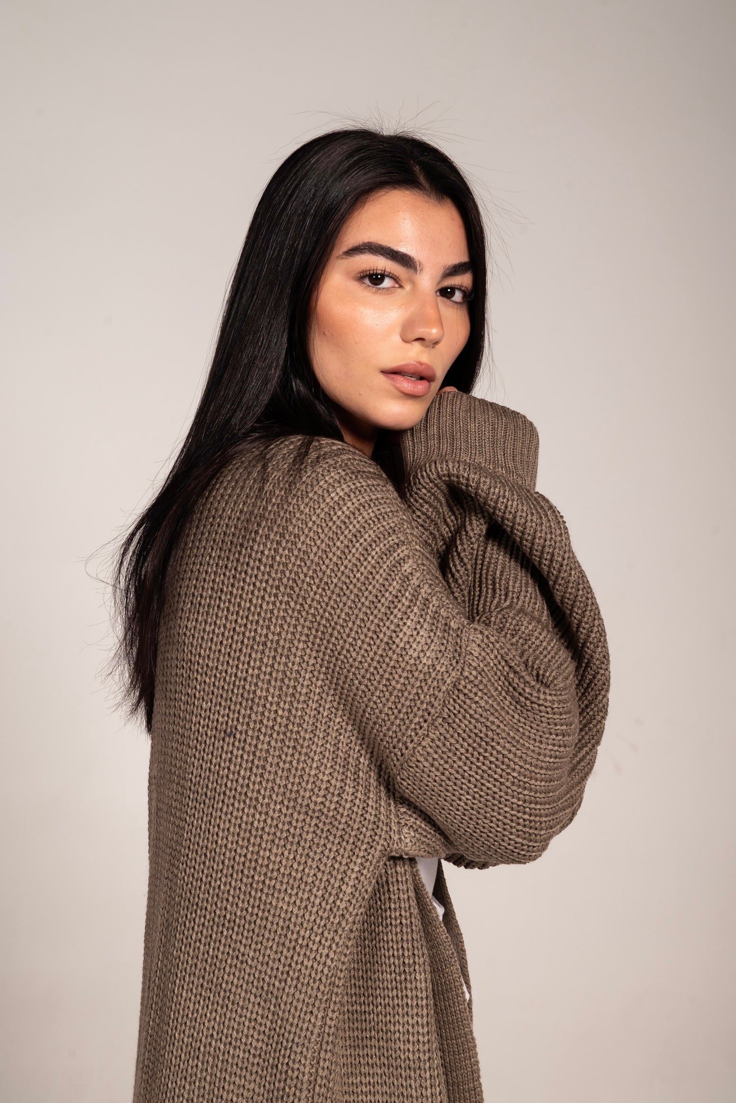 The Cozy Long Knit Cardigan in greige