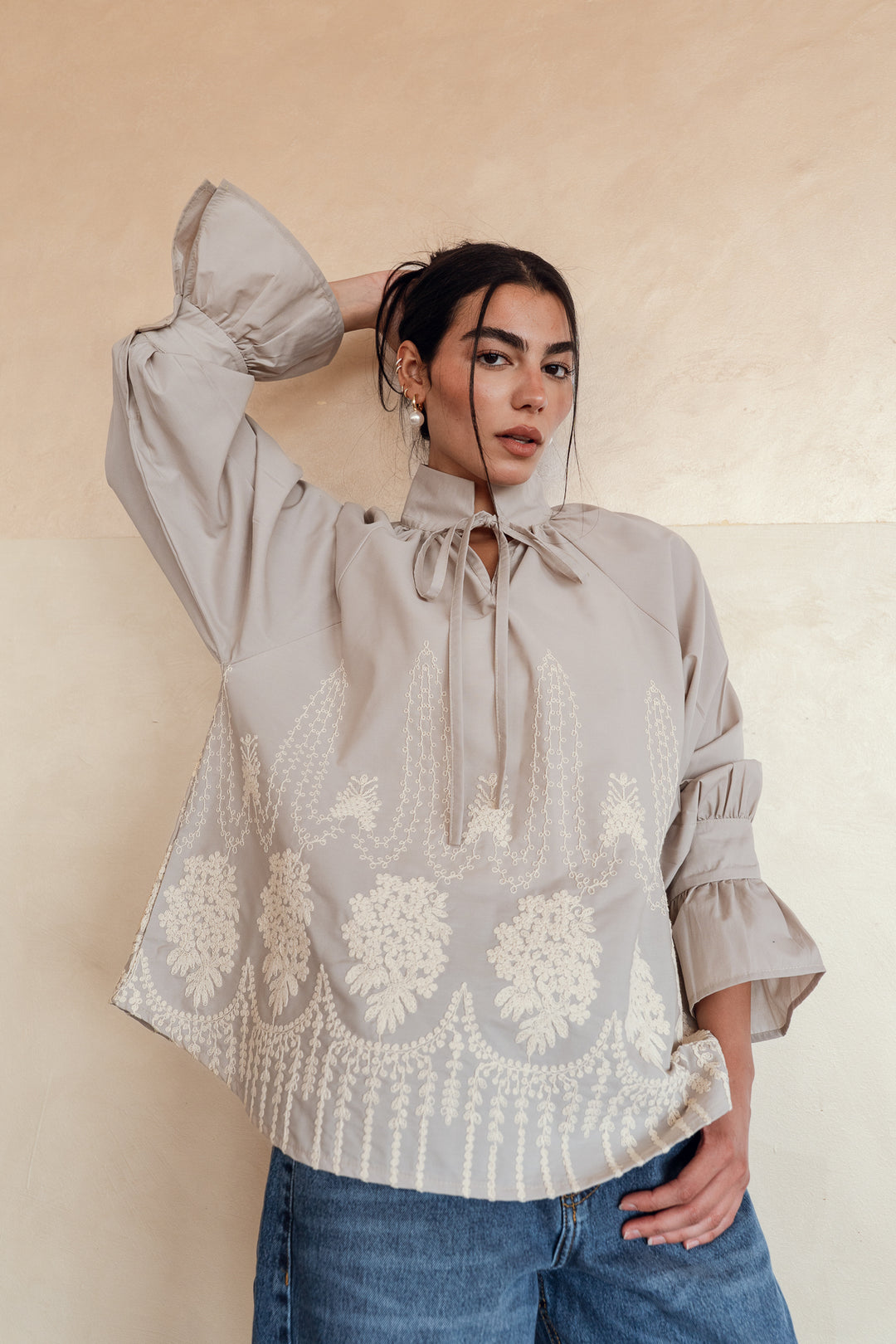 Ruffle Bloom Blouse in greige