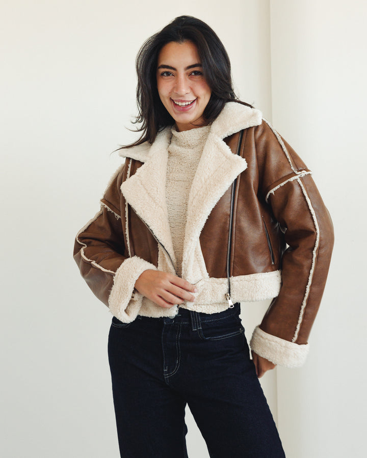 Cropped Shearling Leather Jacket in Brown