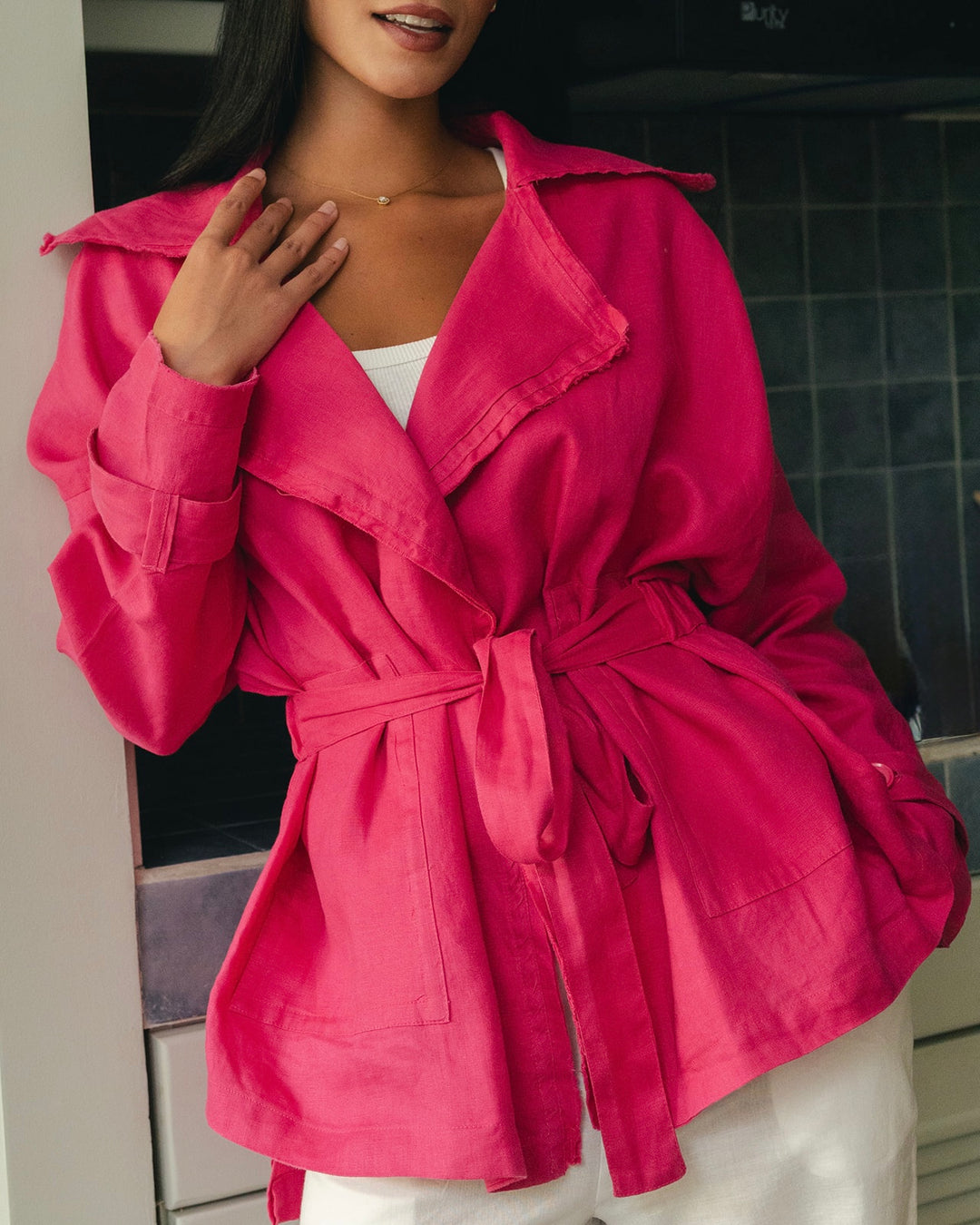 Raw linen cardigan in hot pink