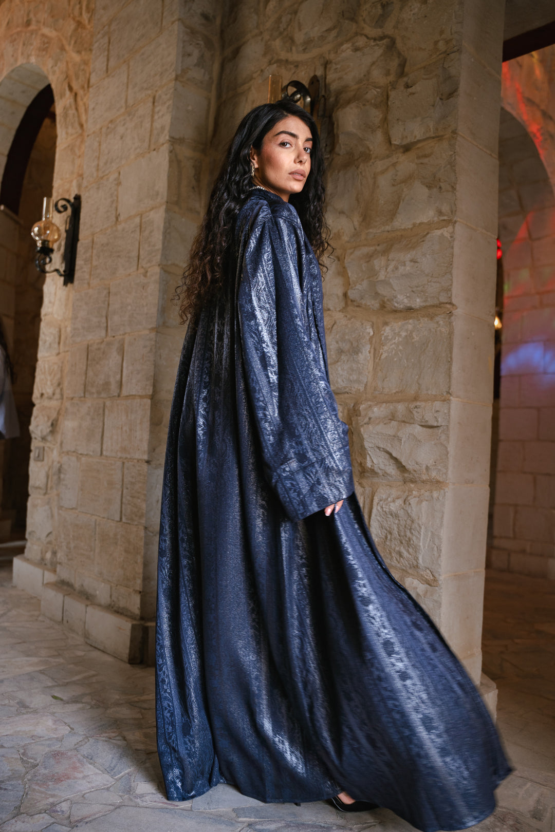 Textured Crepe Statement Cardigan in navy