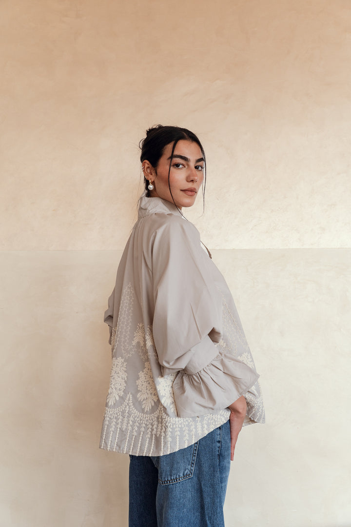 Ruffle Bloom Blouse in greige