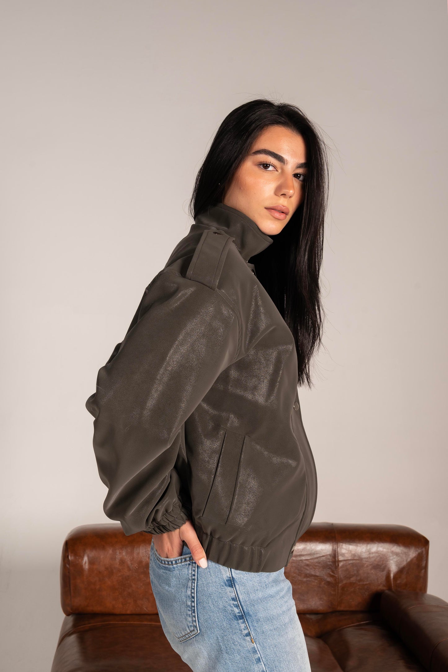 The Leather Bomber in Grey-Olive