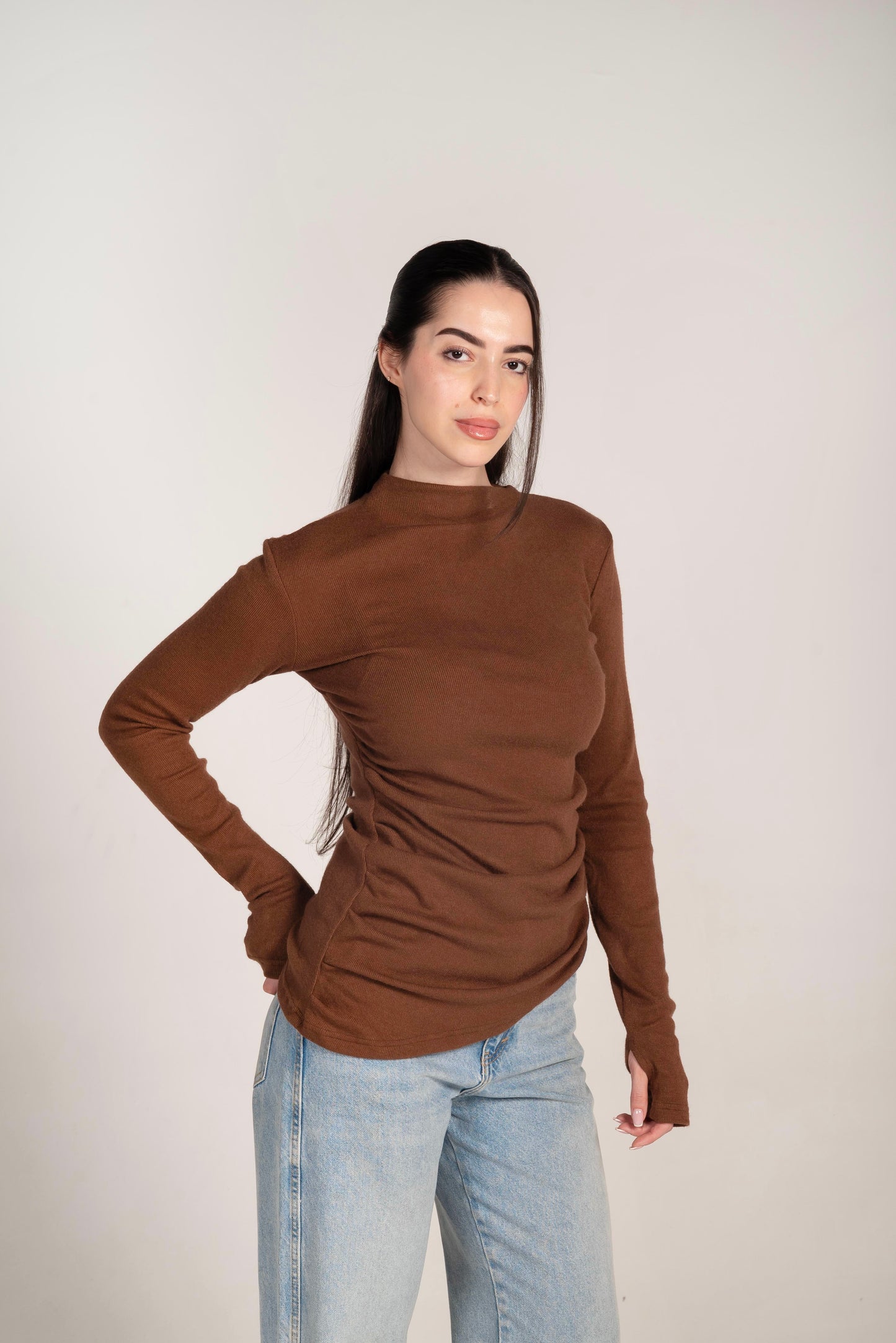 The Draped Soft Knit Top in Burnt-Brown