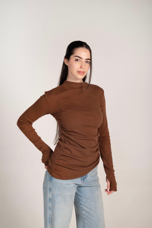The Draped Soft Knit Top in Burnt-Brown