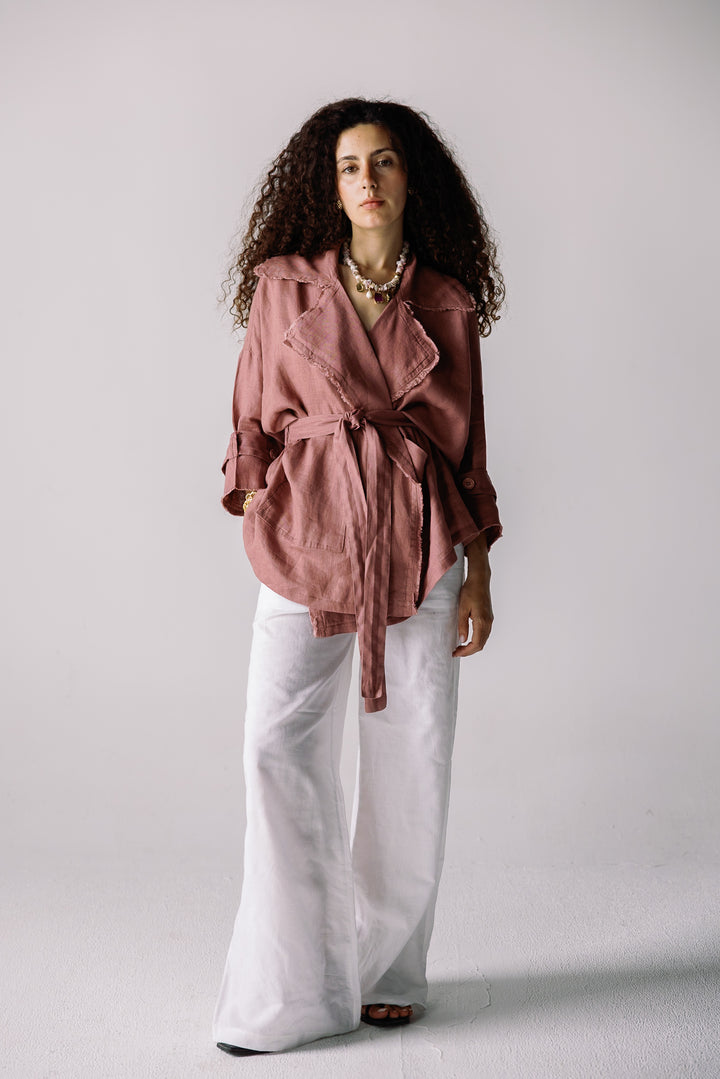 Raw linen cardigan in dusty rose