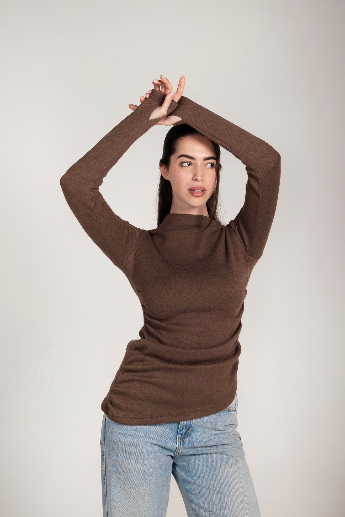 The Draped Soft Knit Top in Brown
