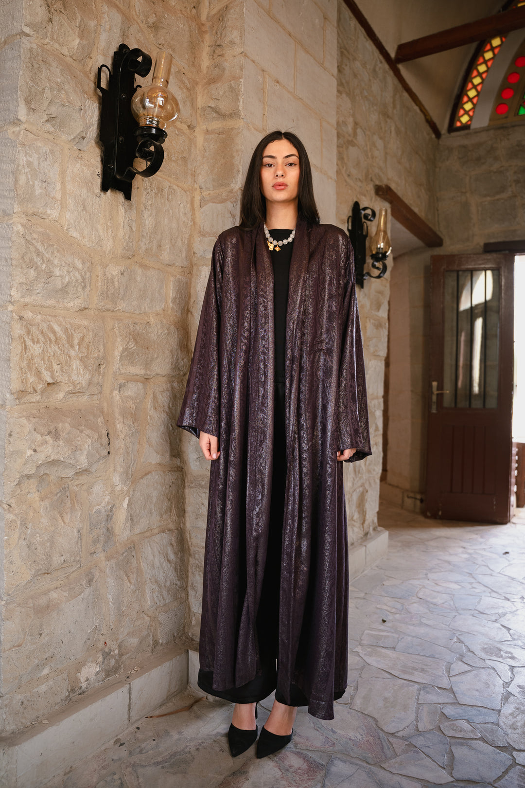 Textured Crepe Statement Cardigan in aubergine