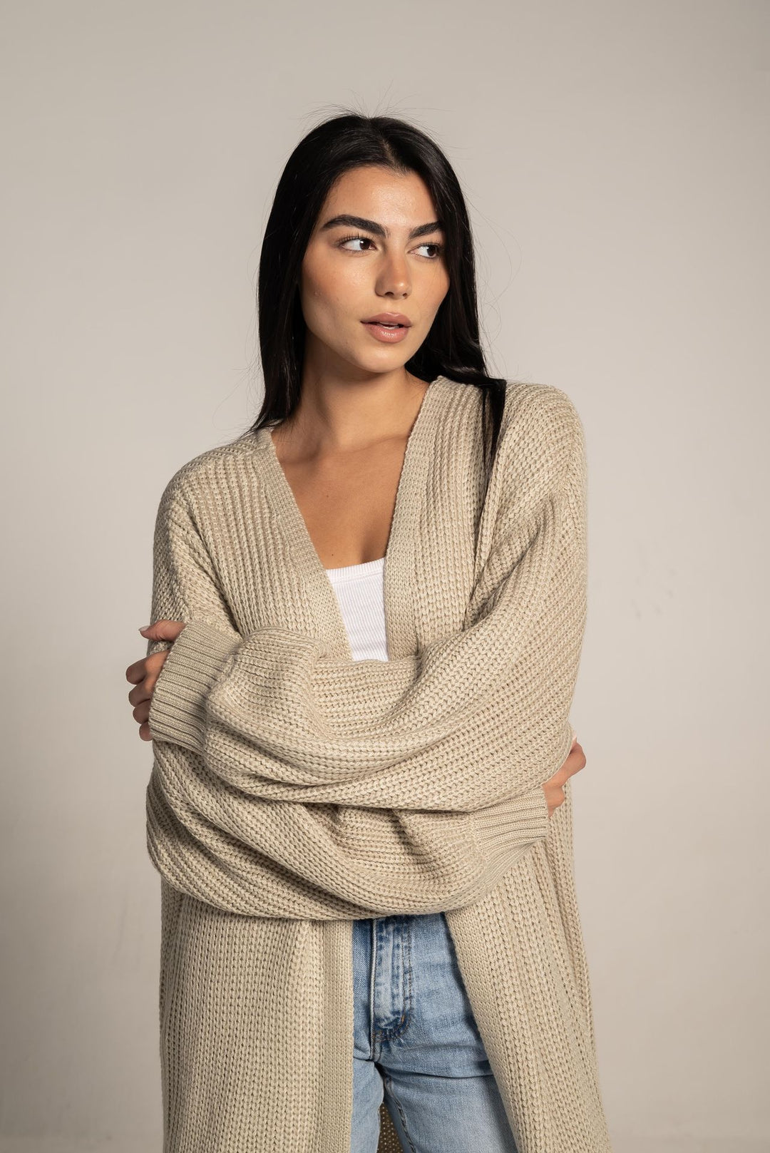 The Cozy Long Knit Cardigan In Beige
