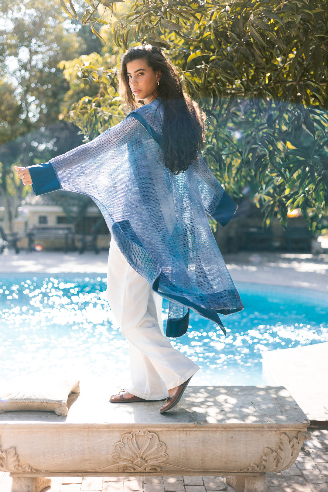 MeshXTaffeta Cardigan In Teal