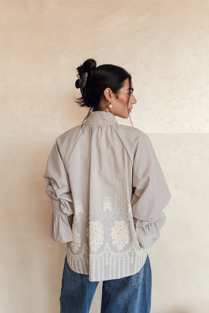 Ruffle Bloom Blouse in greige