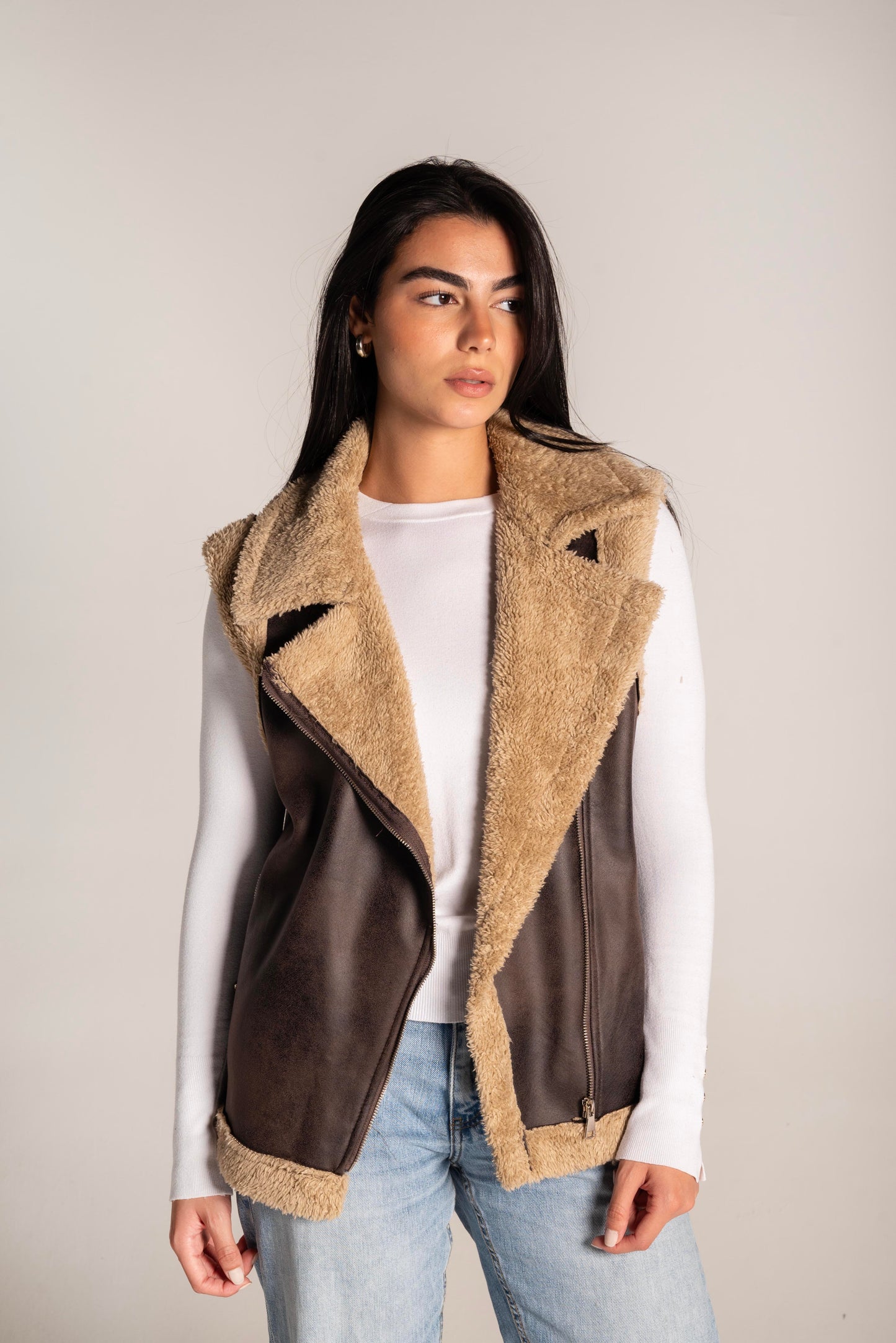 Faux Shearling Vest In Brown