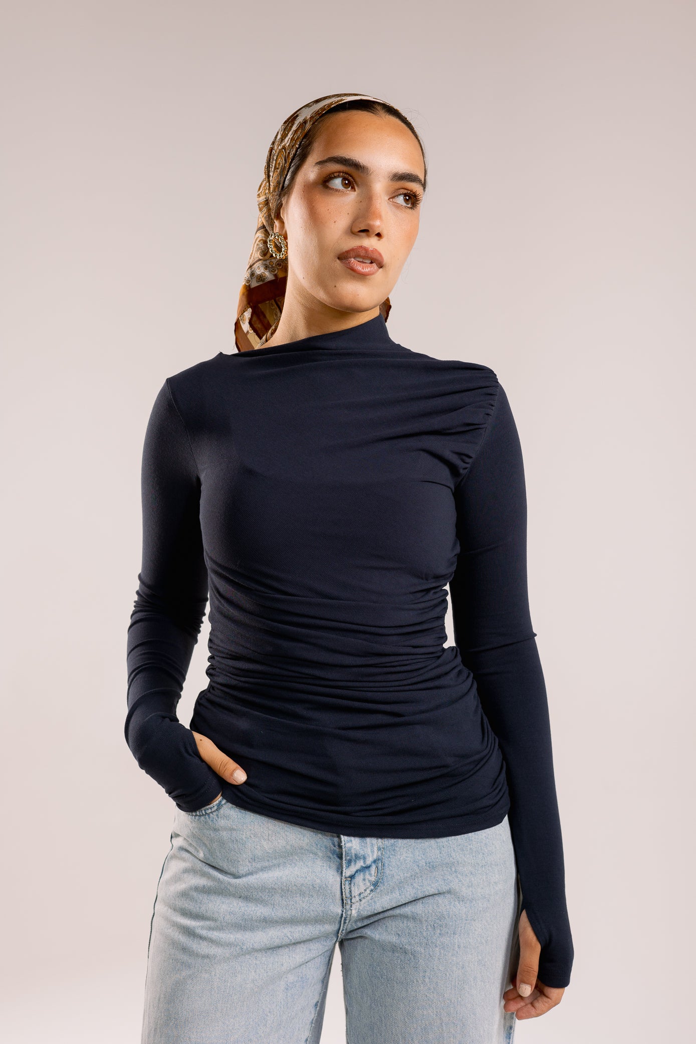 Draped top in navy blue
