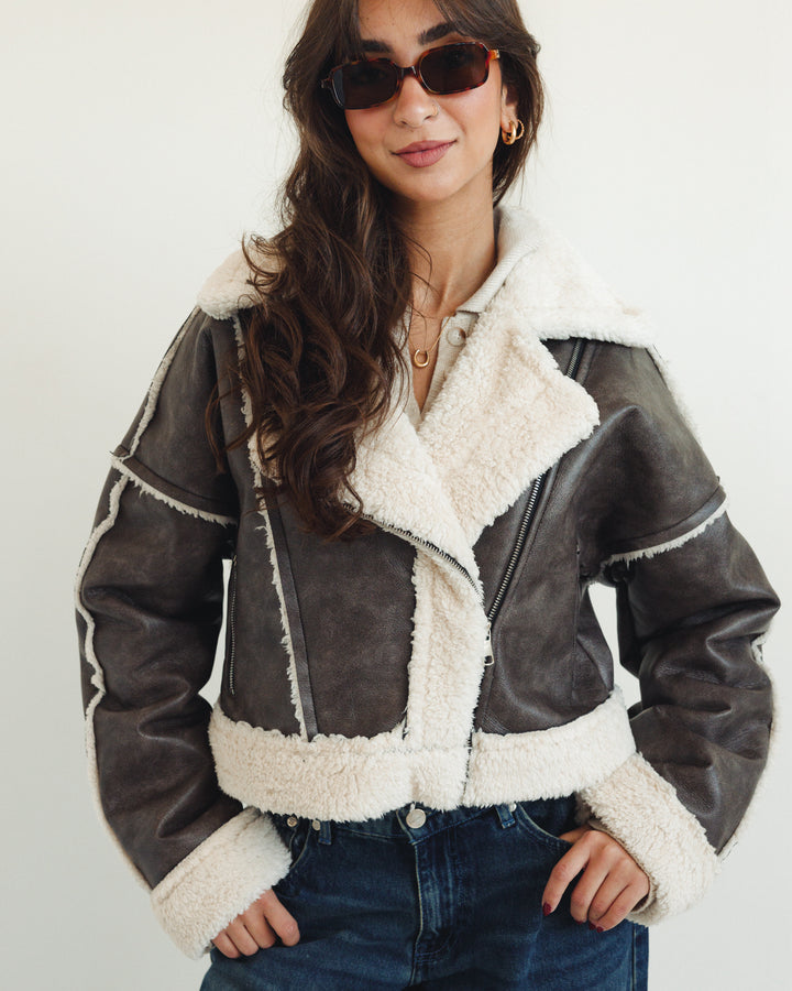 Cropped Shearling Leather Jacket in Greige