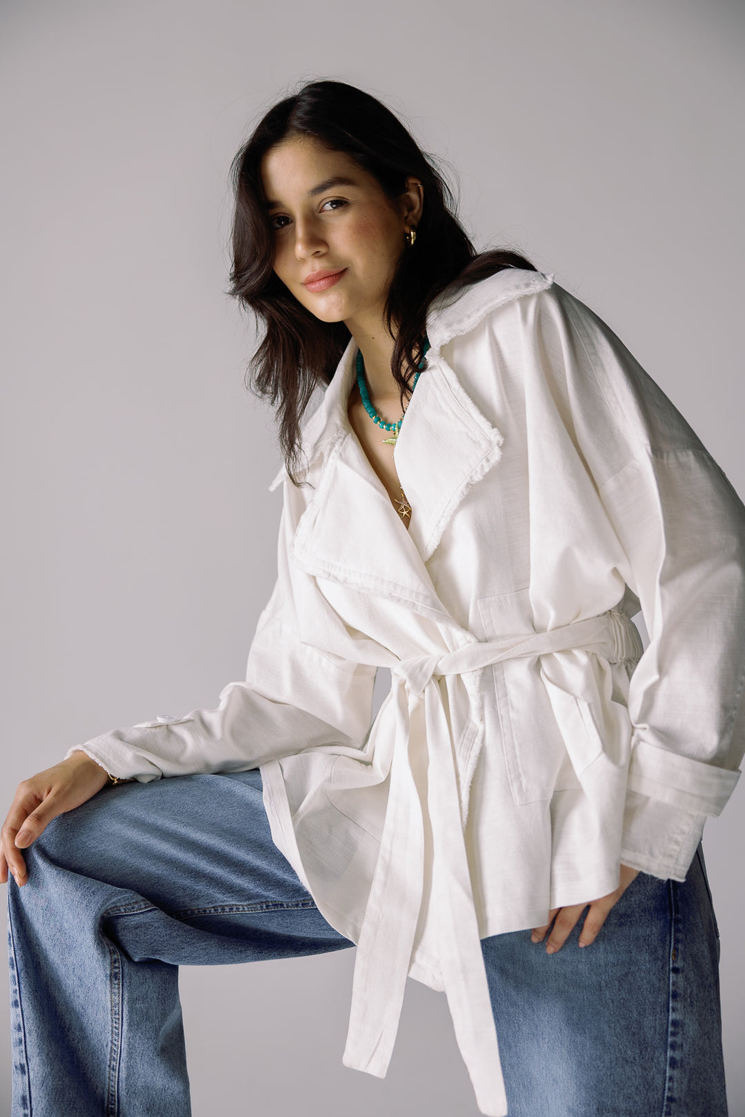 Raw linen cardigan in ivory