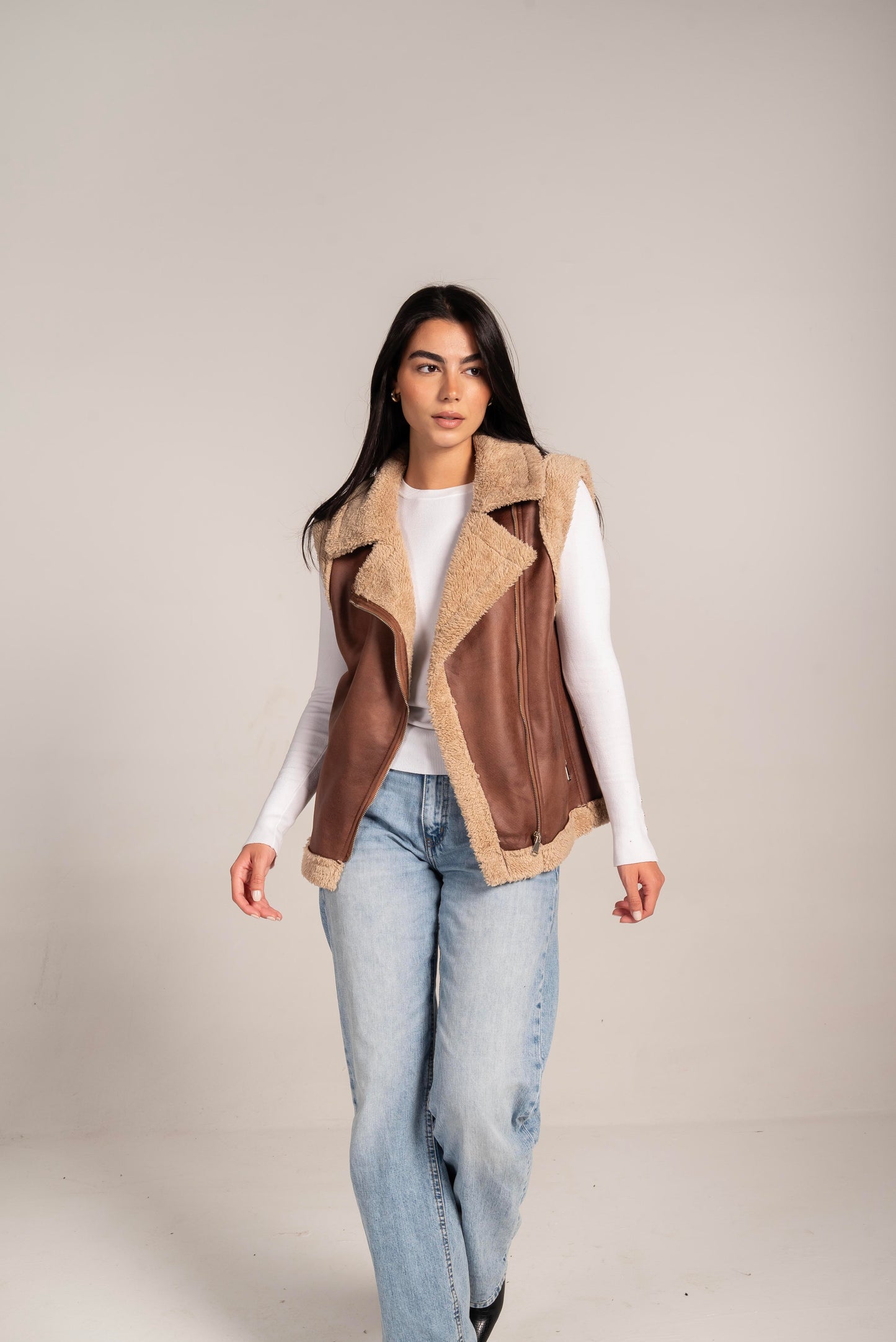 Faux Shearling Vest In Camel