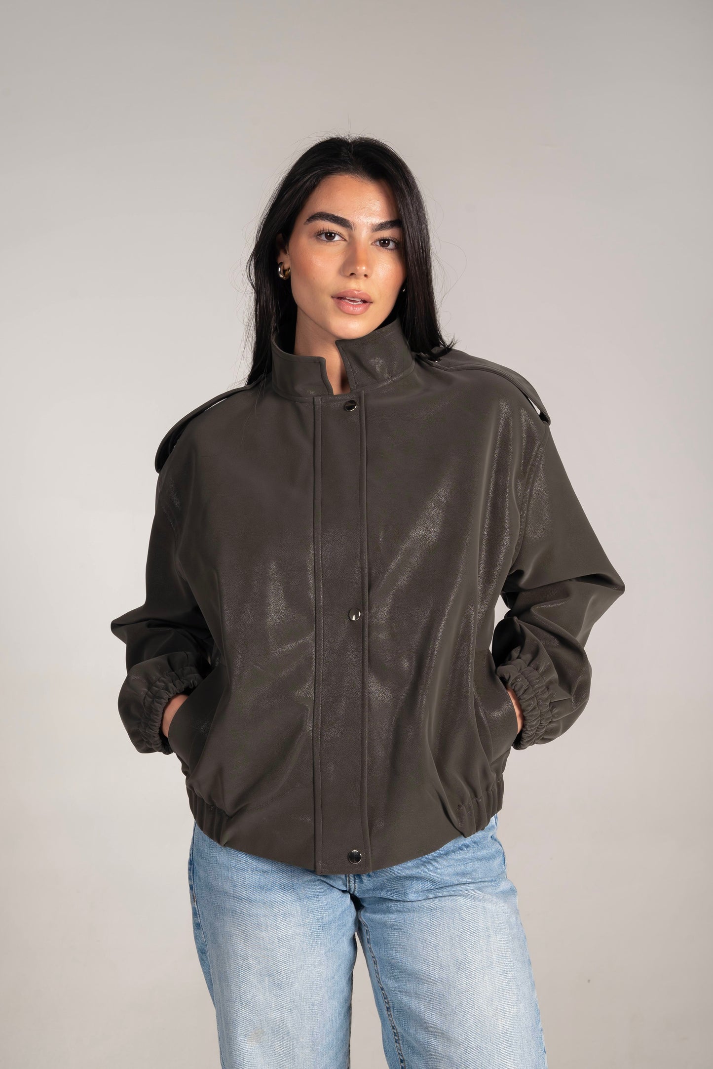 The Leather Bomber in Grey-Olive