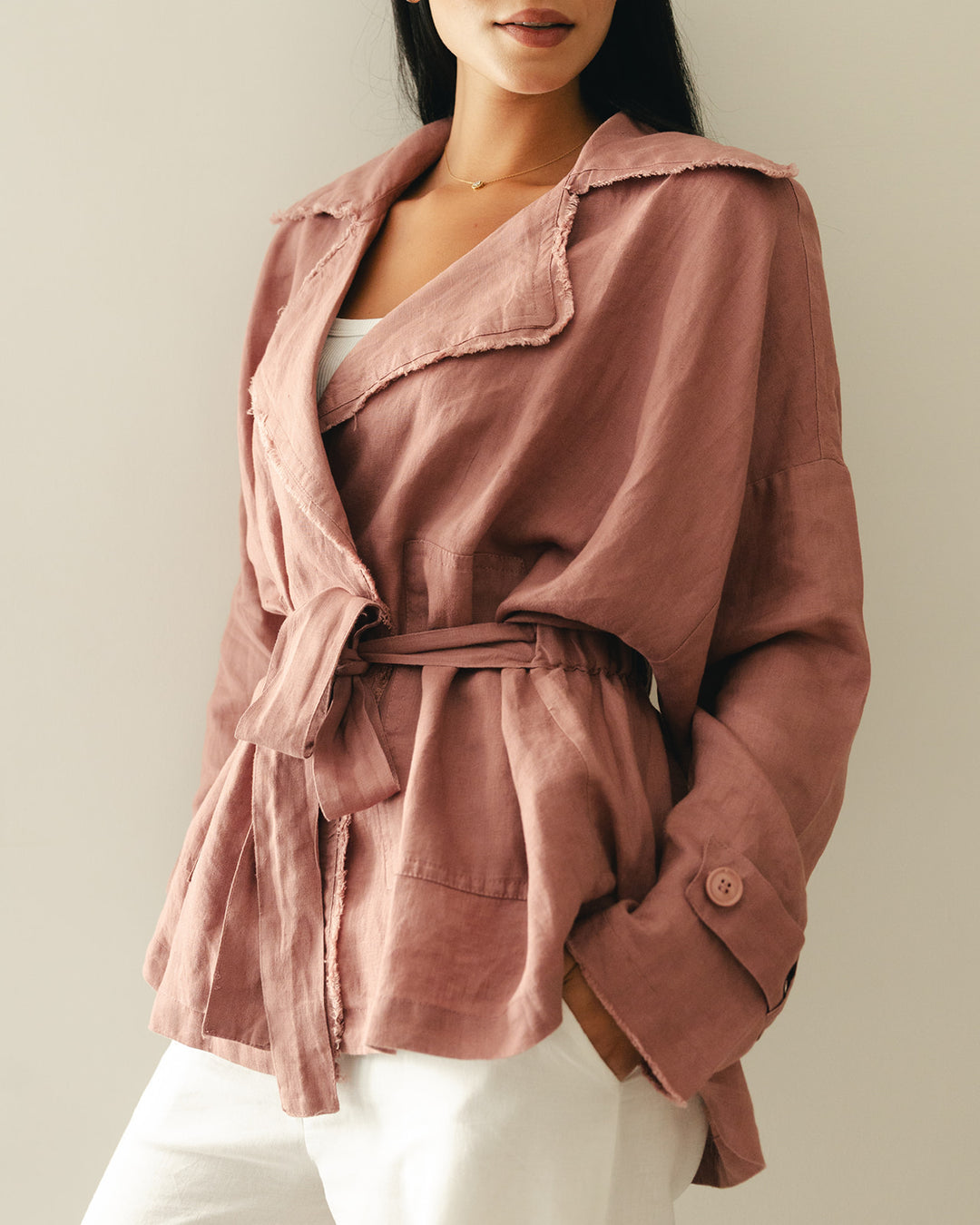 Raw linen cardigan in dusty rose