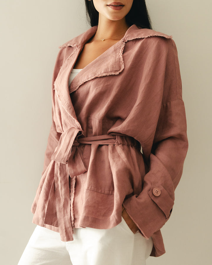 Raw linen cardigan in dusty rose