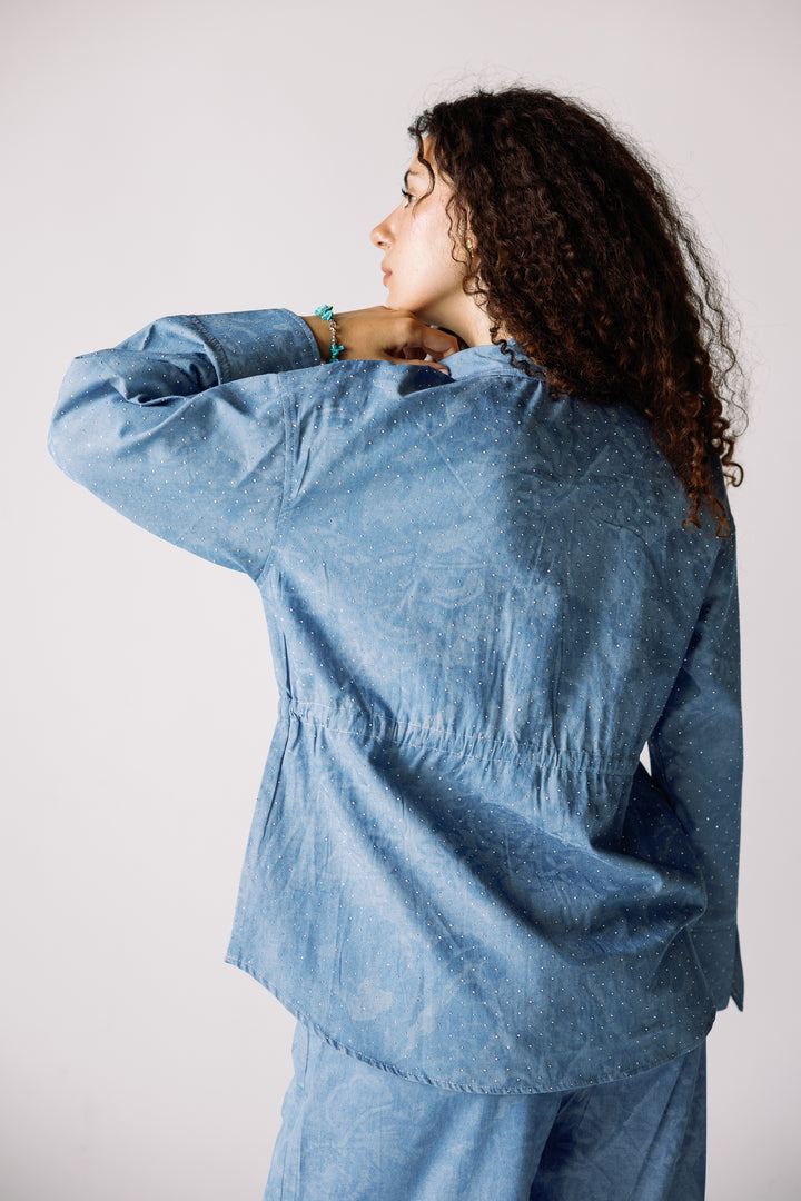 Studed denim set light blue
