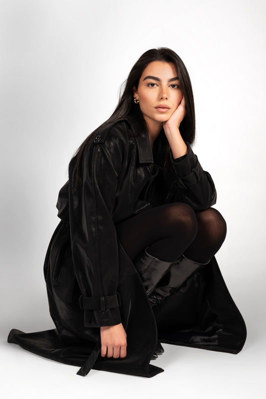 The Luxe Trench Coat In Black-sheen