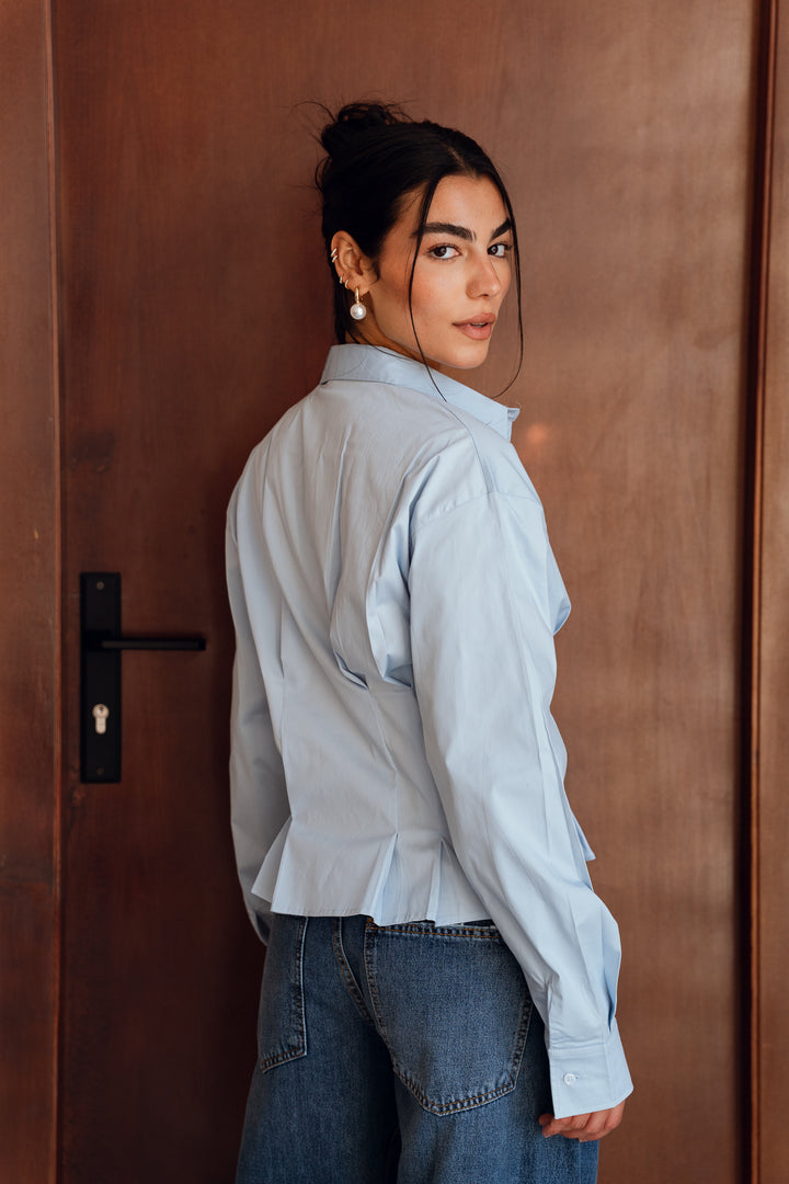 Popline flare shirt in light-blue