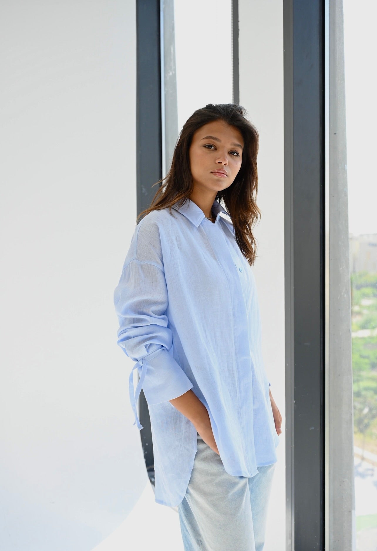 Ribbon linen shirt  in baby-blue