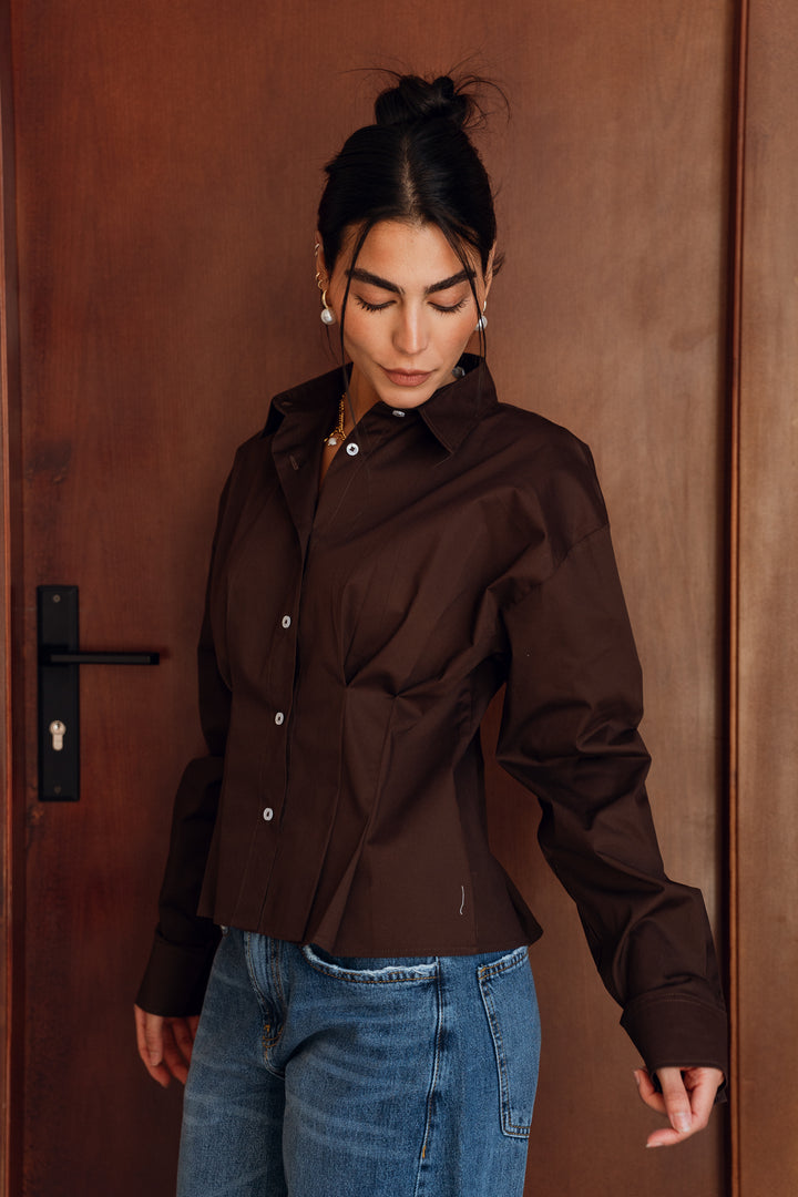 Popline flare shirt in brown