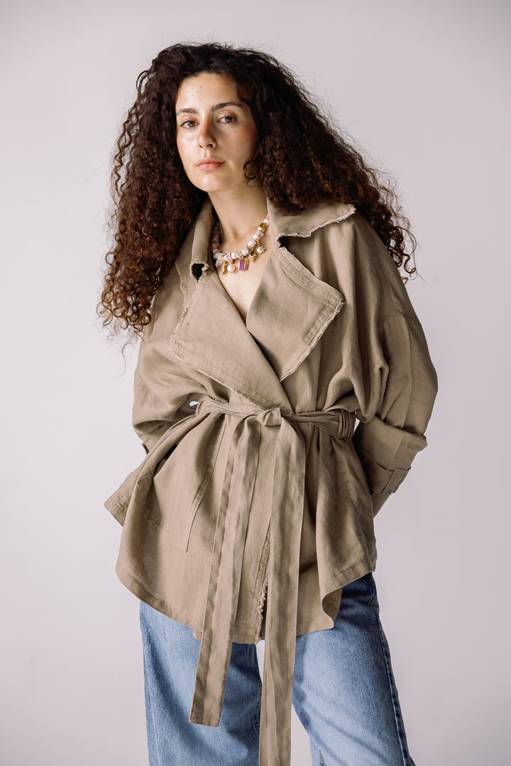 Raw linen cardigan in mocha