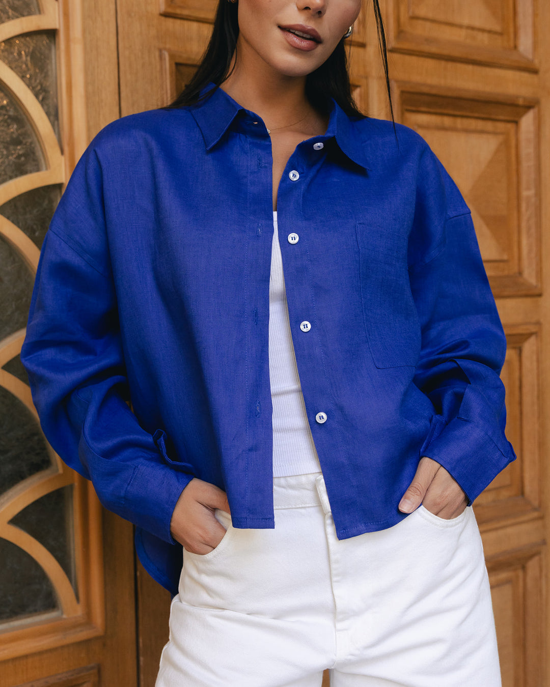 Hi-low hem linen shirt in royal-blue