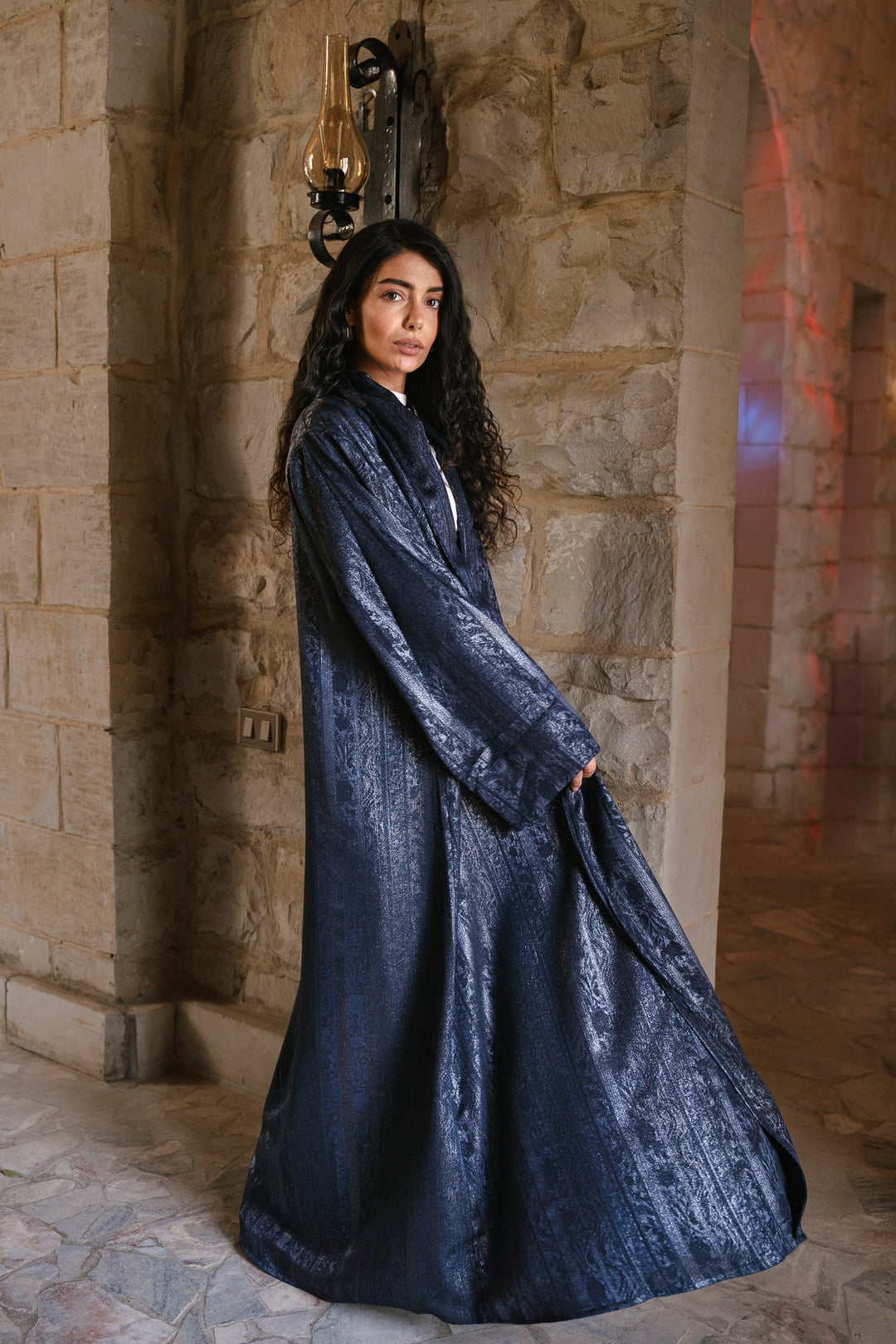 Textured Crepe Statement Cardigan in navy