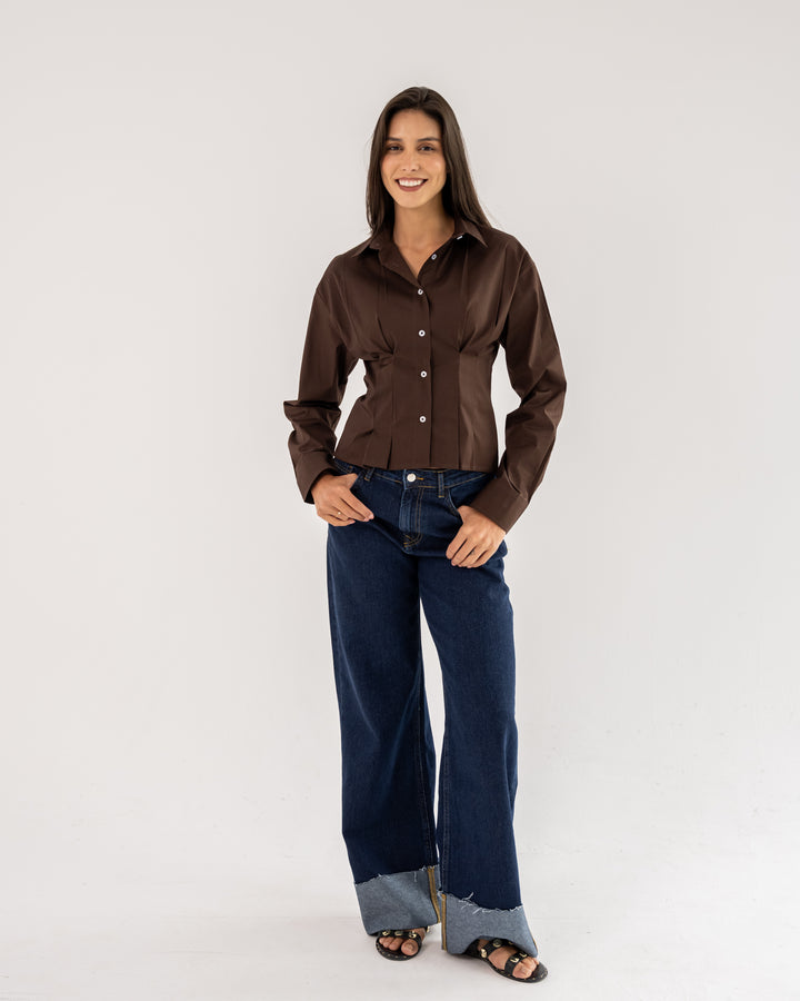 Popline flare shirt in brown