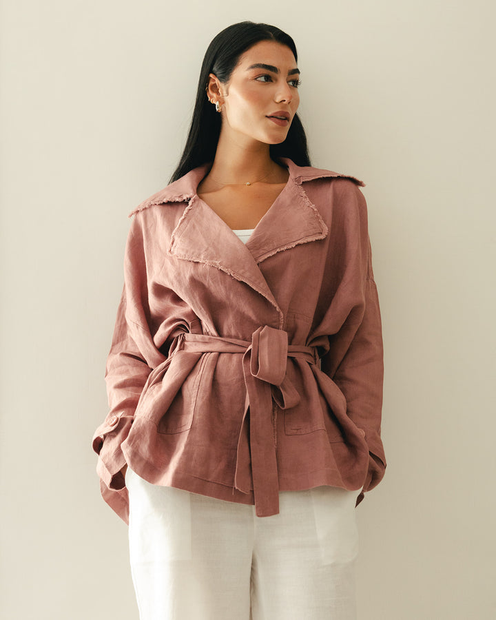 Raw linen cardigan in dusty rose