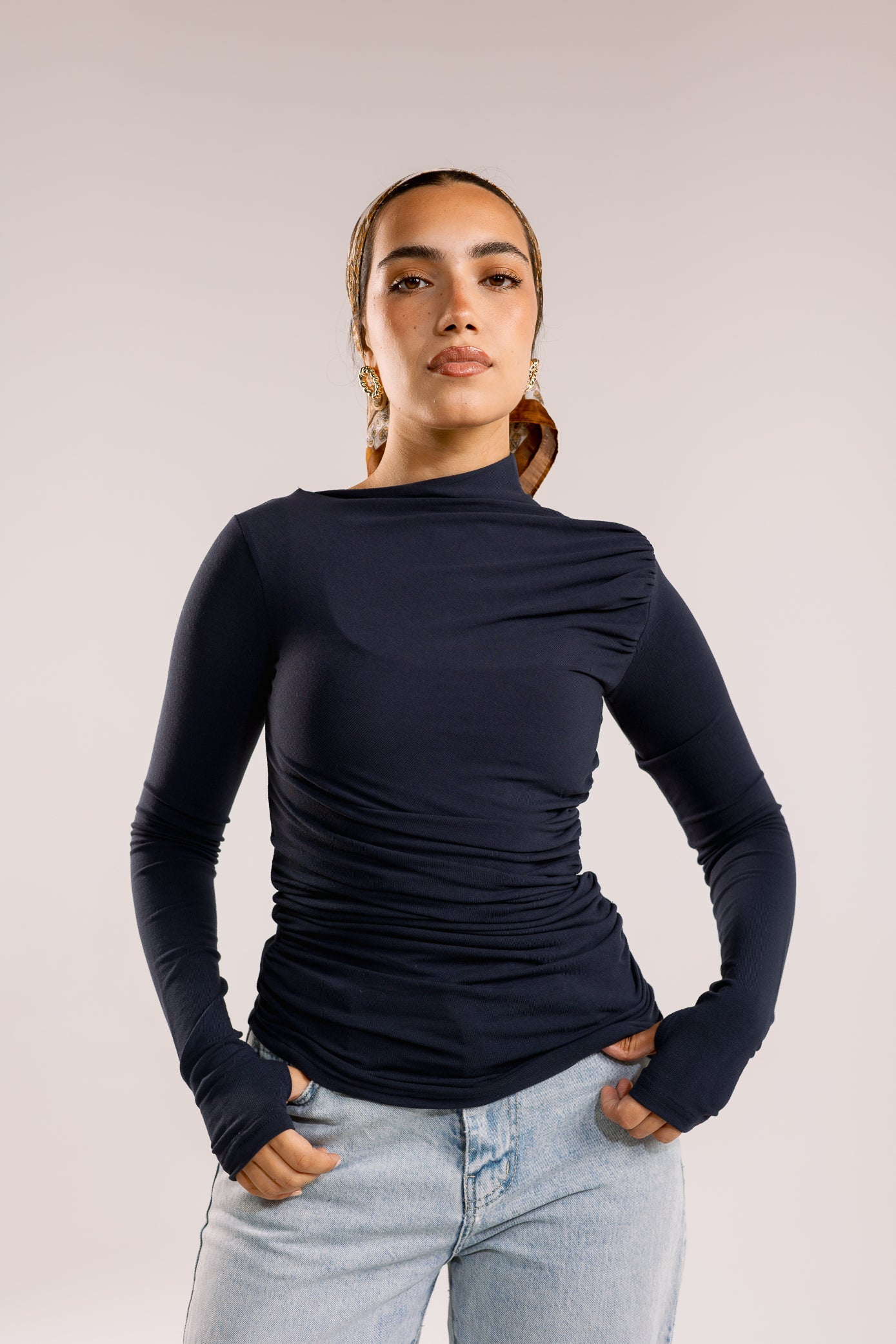 Draped top in navy blue