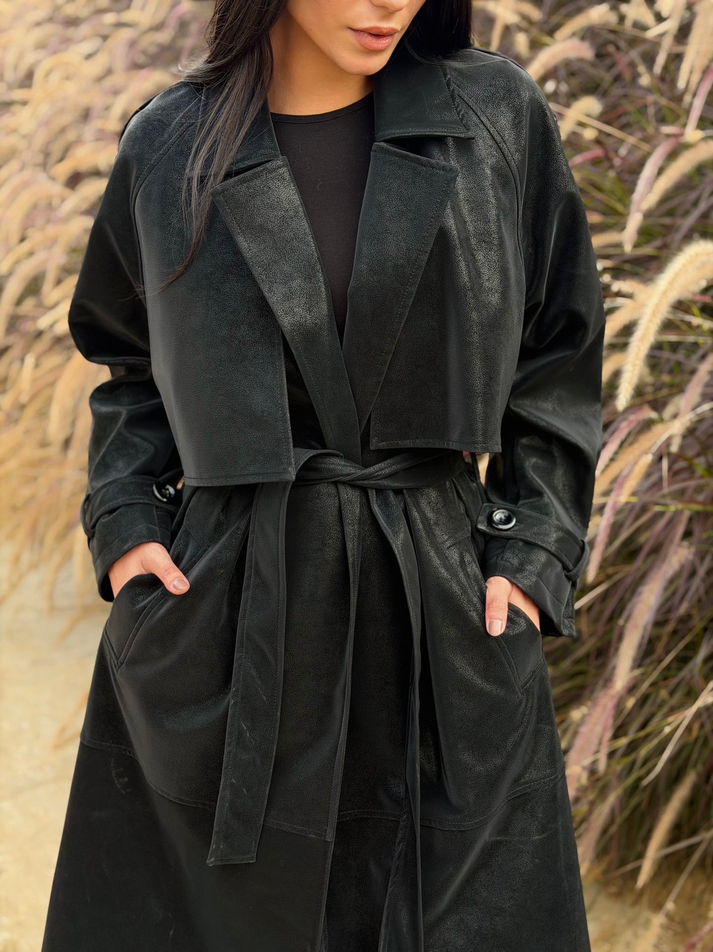 The Luxe Trench Coat In Black-sheen
