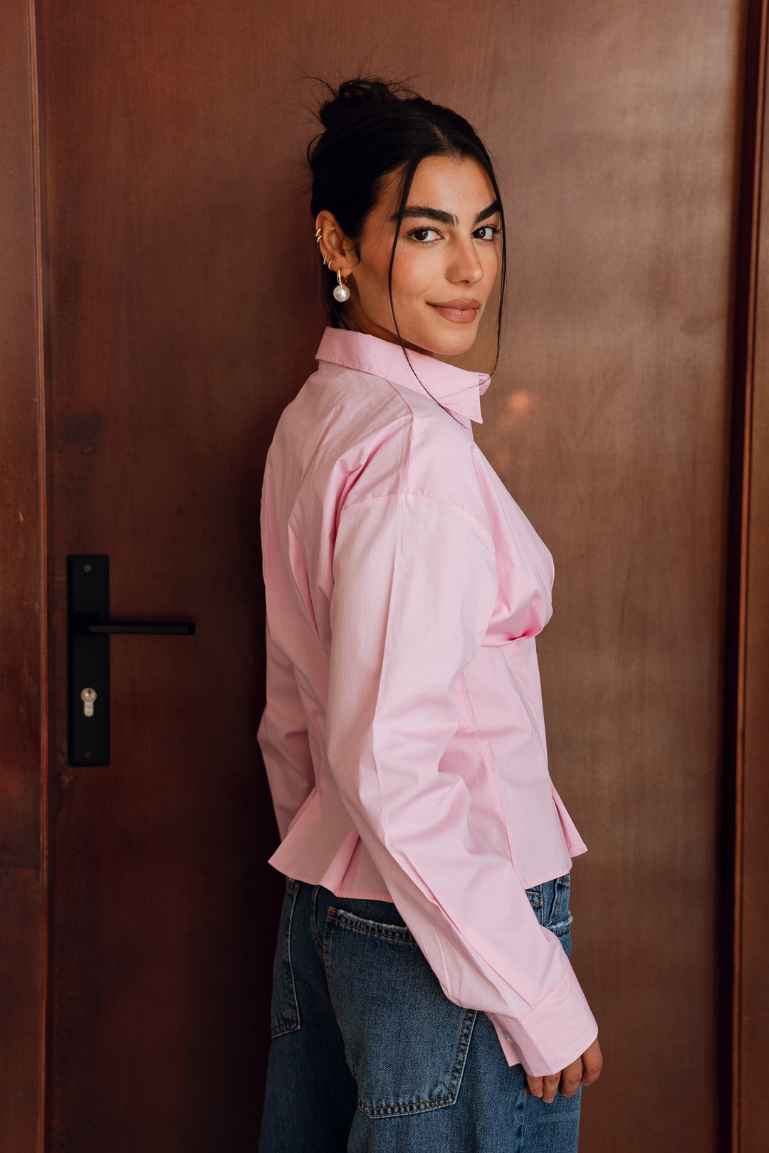 Popline flare shirt in pink