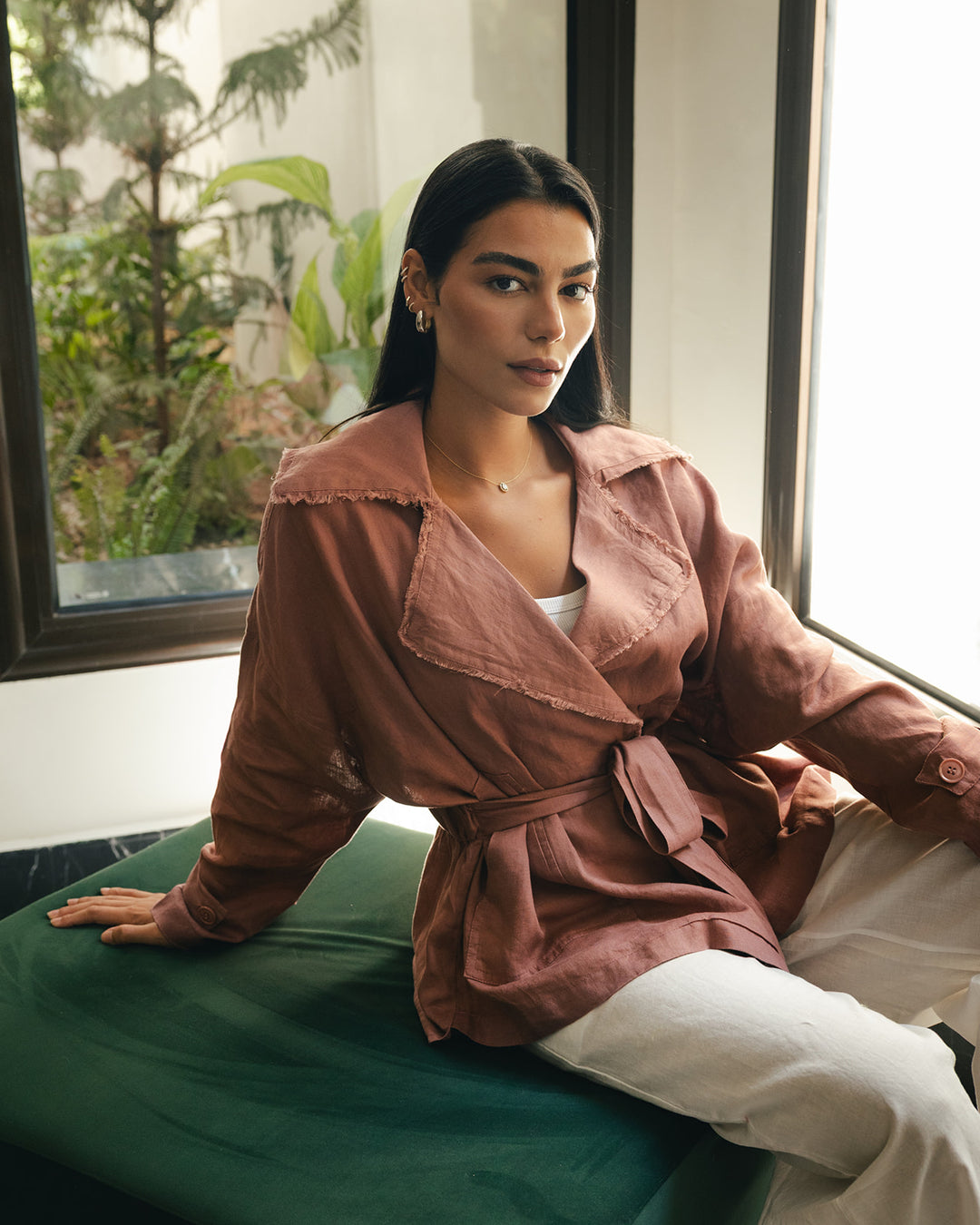 Raw linen cardigan in dusty rose