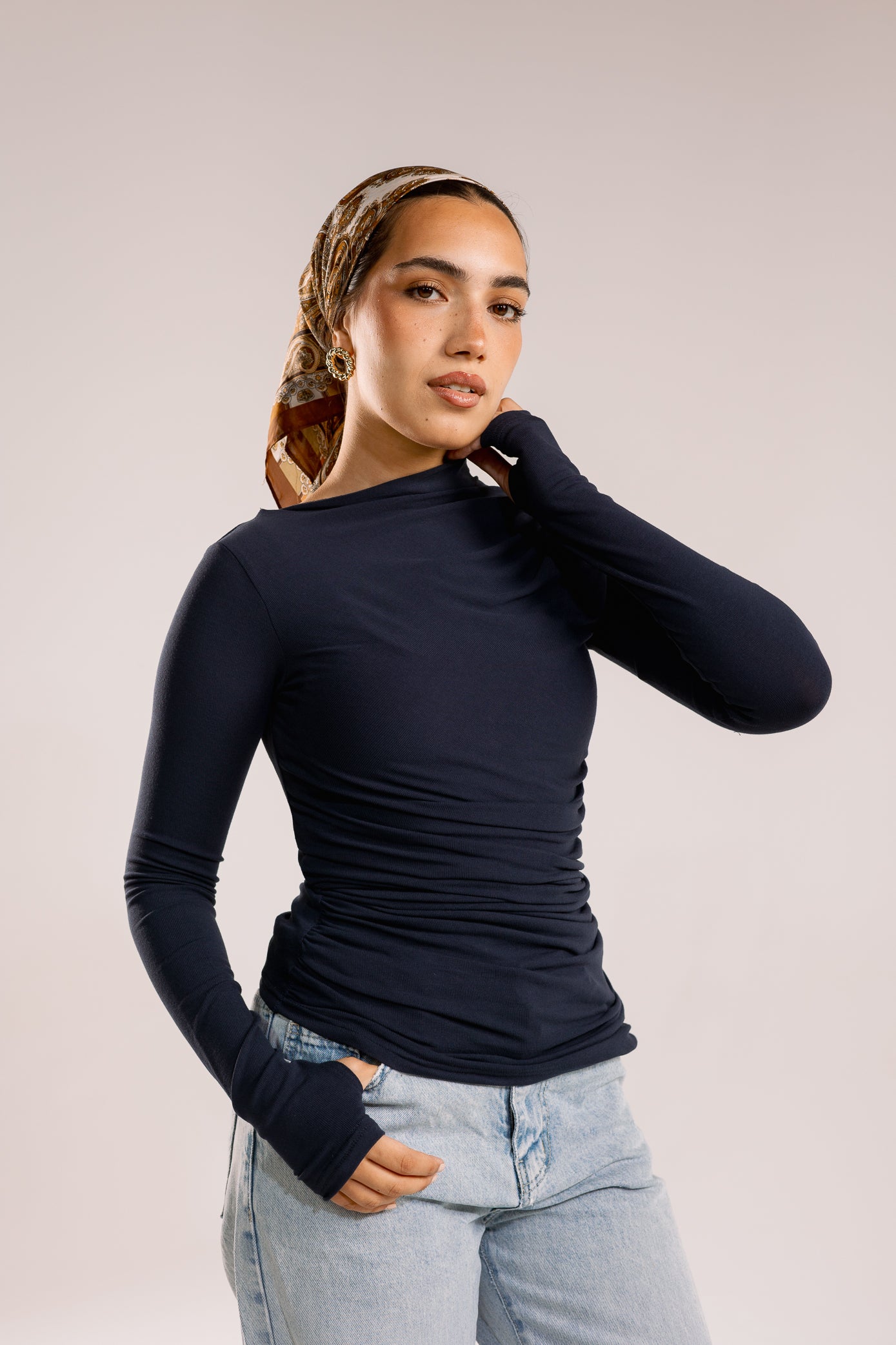 Draped top in navy blue