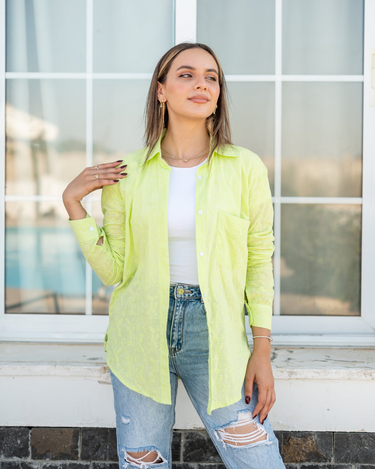 Linen embroidered shirt in lime green