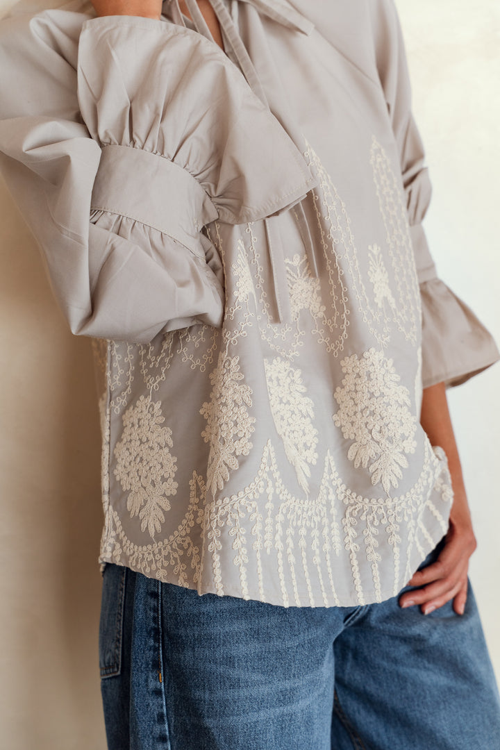 Ruffle Bloom Blouse in greige