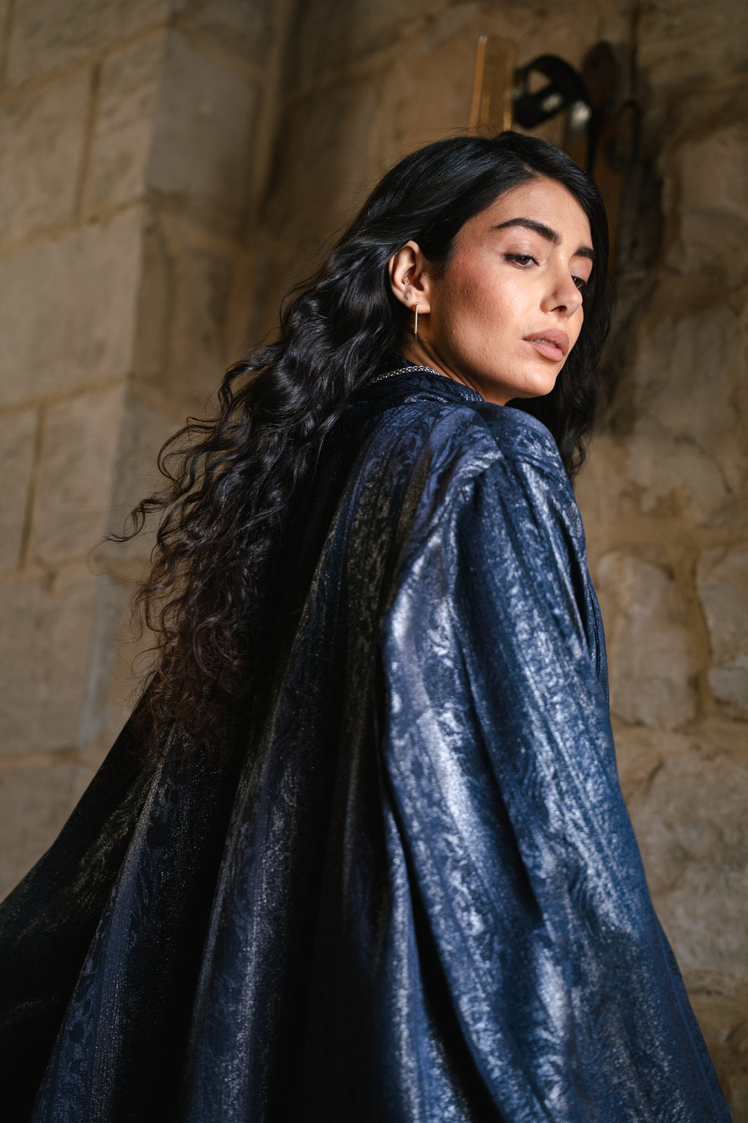 Textured Crepe Statement Cardigan in navy