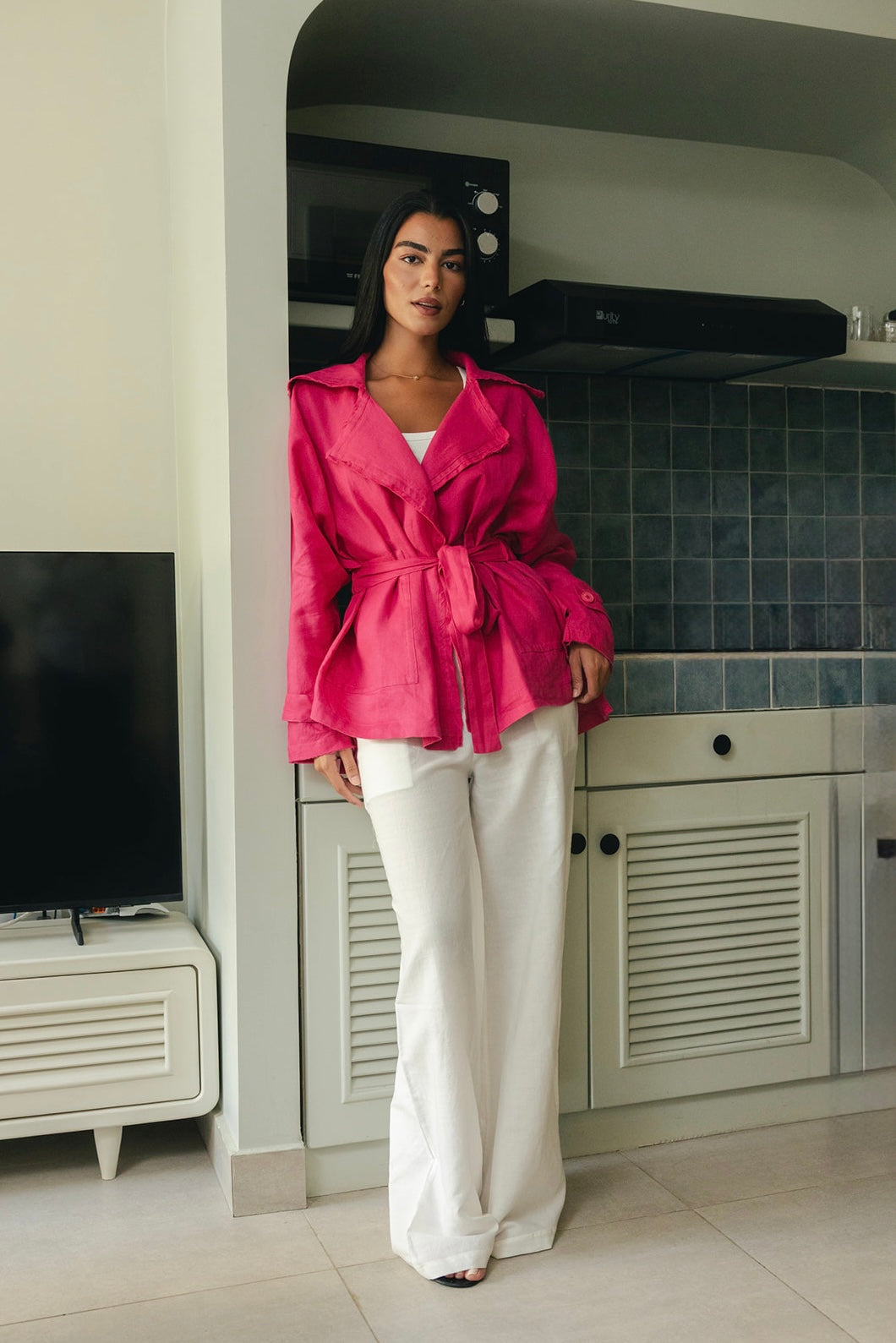 Raw linen cardigan in hot pink