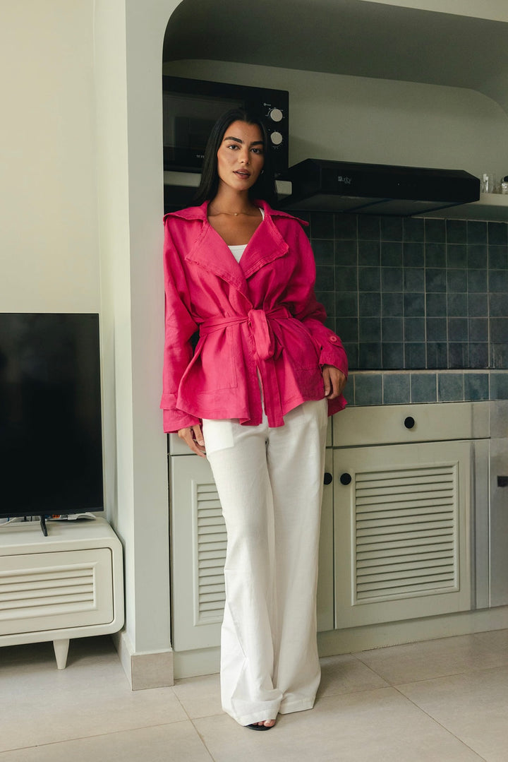 Raw linen cardigan in hot pink