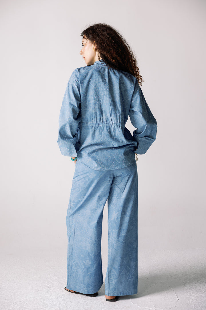 Studed denim set light blue